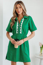 Load image into Gallery viewer, Bright Green Contrast Patchwork Half Zip Elastic Waist Short Sleeve Mini Dress