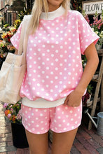 Load image into Gallery viewer, Pink Polka Dot Print Color Block Trim Mock Neck Short Set