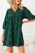 Load image into Gallery viewer, Blackish Green Embroidered Eyelet Pattern 3/4 Puffy Sleeve Swing Mini Dress