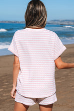 Load image into Gallery viewer, Pink Stripe Knitted Short Sleeve Top and Drawstring Shorts Set
