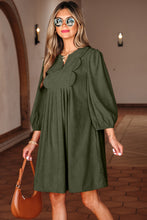 Load image into Gallery viewer, Moss Green Bracelet Sleeve Split Neck Scallop Detail Pleated Corduroy Mini Dress