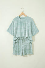 Load image into Gallery viewer, Green Stripe Raised Rib Loose Tee Drawstring Elastic Waist 2pcs Short Set
