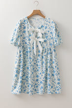 Load image into Gallery viewer, Sky Blue Leopard Contrast Bow Puff Sleeve Mini Dress