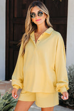Load image into Gallery viewer, Yellow Cream Button Collar Drop Shoulder Pullover and Shorts 2pcs Outfit