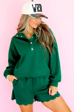 Load image into Gallery viewer, Blackish Green Embroidered Scallop Trim Half Button Pullover Casual Shorts Set