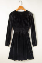 Load image into Gallery viewer, Black Velvet Long Sleeve Surplice High Waist Mini Dress