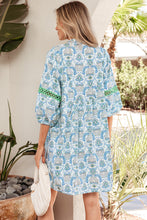 Load image into Gallery viewer, Sky Blue Boho Paisley Print Contrasted Patchwork Detail Bracelet Sleeve Loose Mini Dress