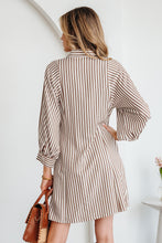 Load image into Gallery viewer, Brown Stripe Knot Waist Puff Sleeve Button Down Mini Shirt Dress