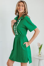 Load image into Gallery viewer, Bright Green Contrast Patchwork Half Zip Elastic Waist Short Sleeve Mini Dress