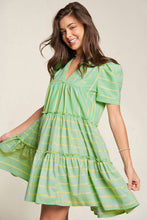 Load image into Gallery viewer, Green Stripe V Neck Short Sleeve Frilled Detail A-line Dress
