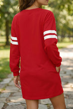 Load image into Gallery viewer, Tillandsia Purple Varsity Contrast Banded Sleeve Shift Sweatshirt Dress