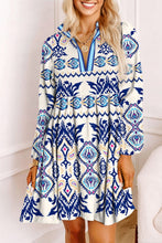 Load image into Gallery viewer, Blue Ethnic Print Striped Split Neck Long Sleeve Flowy Mini Dress