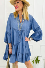 Load image into Gallery viewer, Black Chambray Ruffled 3/4 Sleeve Tiered Split V Neck Mini Dress