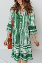 Load image into Gallery viewer, Green Boho Ethnic Print Half Button 3/4 Sleeve Casual Dress