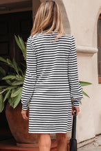 Load image into Gallery viewer, White Stripe Buttoned Front Collared Long Sleeve T Shirt Dress with Pockets