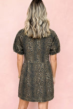 Load image into Gallery viewer, Gray Leopard Print Short Sleeve Pleated Denim Mini Dress