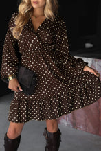 Load image into Gallery viewer, Chicory Coffee Polka Dot Long Sleeve Wrap V Neck Ruffle Hem Mini Dress
