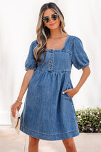 Load image into Gallery viewer, Prussian Blue Button Square Neck Short Puff Sleeve Denim Mini Dress