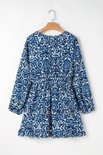 Load image into Gallery viewer, Blue Vintage Print Lace up V Neck Long Sleeve Mini Dress