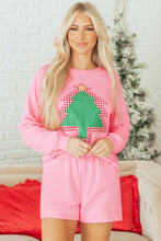 Load image into Gallery viewer, Sachet Pink Plaid Contrasted Double Christmas Tree Patched Raglan Sleeve Pullover 2pcs Short Set