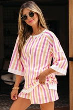 Load image into Gallery viewer, Pink Stripe Drop Shoulder Half Sleeve Loose Tee and Shorts Casual Set