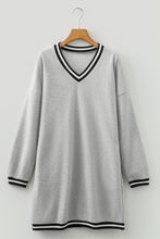 Load image into Gallery viewer, Light Grey Striped Trim V Neck Long Sleeve Preppy T Shirt Dress