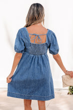 Load image into Gallery viewer, Prussian Blue Button Square Neck Short Puff Sleeve Denim Mini Dress