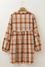 Load image into Gallery viewer, Brown Plaid Print Side Pockets Frilled Babydoll Mini Dress