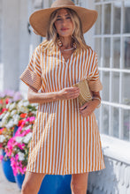 Load image into Gallery viewer, Brown Stripe Pinched V Neck Turn-up Cuffs Shift Mini Dress