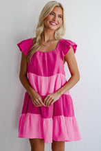 Load image into Gallery viewer, Pink Crinkled Colorblock Patchwork Flutter Tiered Mini Dress