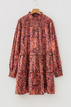 Load image into Gallery viewer, Red Floral Print Long Sleeve Shirred High Neck Loose Mini Dress