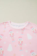 Load image into Gallery viewer, Pink Christmas Tree Nutcracker Doll Print Contrast Trim Long Sleeve Top Matching Shorts Set