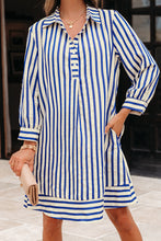 Load image into Gallery viewer, Blue Stripe Collared Half Button Side Pockets Loose Fit Mini Dress