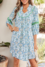 Load image into Gallery viewer, Sky Blue Boho Paisley Print Contrasted Patchwork Detail Bracelet Sleeve Loose Mini Dress