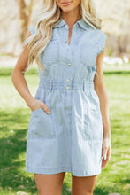 Load image into Gallery viewer, Sky Blue Stripe Collared Button Front Sleeveless Denim Mini Dress