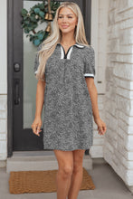Load image into Gallery viewer, Black Leopard Print Contrast Striped Trim Polo Collar Short Sleeve Dress with Pockets