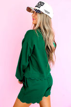 Load image into Gallery viewer, Blackish Green Embroidered Scallop Trim Half Button Pullover Casual Shorts Set