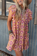 Load image into Gallery viewer, Orange Geometric Floral V Neck Buttoned Ruffled Sleeve Mini Dress