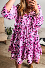 Load image into Gallery viewer, Rose Leopard Print Buttoned Front 3/4 Sleeve Tiered Ruffled Hem Dress