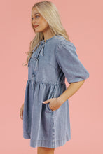 Load image into Gallery viewer, Dusk Blue Bowknot Bubble Sleeve Short Denim Dress