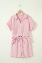 Load image into Gallery viewer, Sky Blue Stripe Dolman Sleeve Polo Shirt and Drawstring Shorts Set