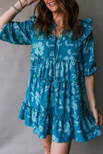 Load image into Gallery viewer, Blue Flower Half Sleeve Tiered Ruffled Mini Dress