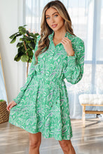 Load image into Gallery viewer, Green Paisley Print Long Sleeve Button Front Tied Waist Mini Dress