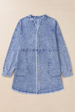 Load image into Gallery viewer, Beau Blue Mineral Wash Long Sleeve Button Up Raw Hem Pocketed Denim Dress