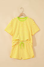 Load image into Gallery viewer, Pink Stripe Contrast Neck Loose Tee and Drawstring Shorts Set