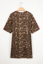 Load image into Gallery viewer, Brown Loose Contrast Striped Accent Leopard T Shirt Mini Dress with Pockets