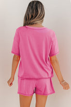 Load image into Gallery viewer, Bright Pink Seam Detail Raw Edge Tee Rainbow Waistband Casual Short Set