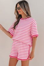 Load image into Gallery viewer, Pink Stripe Contrast Trim Short Sleeve Top Loose Shorts 2pcs Casual Outfit
