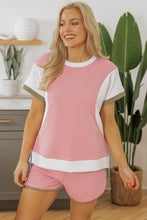 Load image into Gallery viewer, Pink Textured Colorblock Patchwork Tee Two Piece Shorts Set