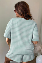 Load image into Gallery viewer, Green Stripe Raised Rib Loose Tee Drawstring Elastic Waist 2pcs Short Set